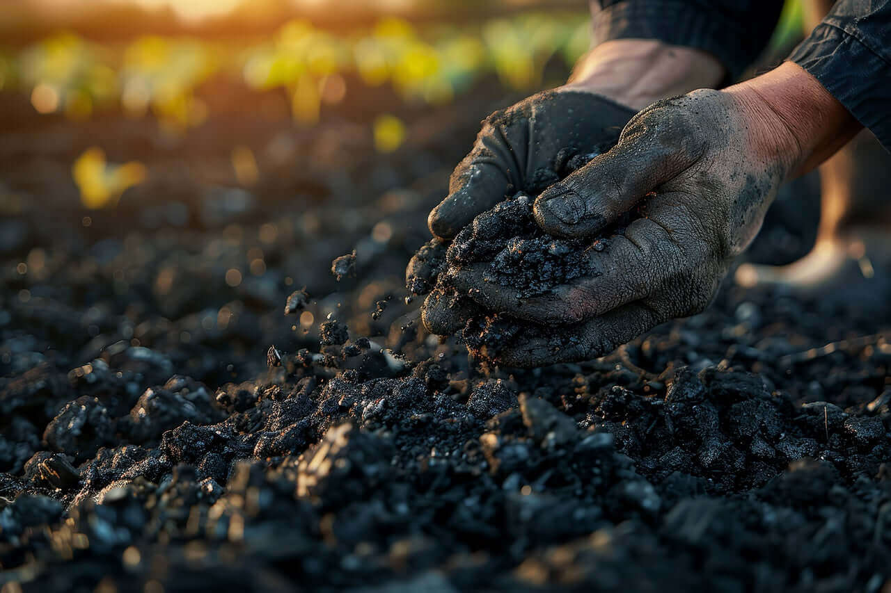 Manos enguantadas sostienen tierra oscura y fértil en un campo agrícola, ilustrando la textura rica y porosa del vermichar. La imagen destaca los beneficios del vermicompost y el biochar, mostrando un suelo mejorado en una agricultura sostenible. 