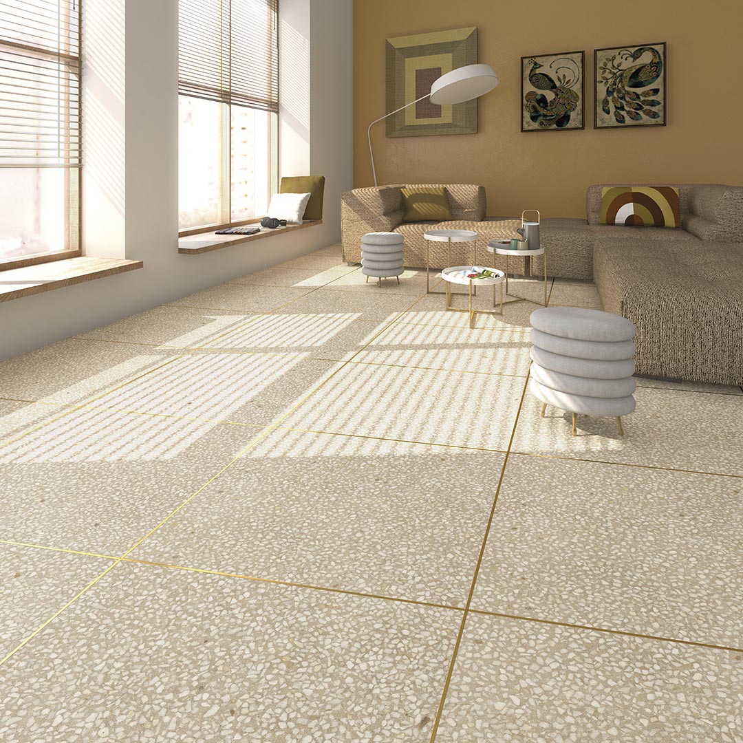 Suelo de terrazo porcelánico en tono crema