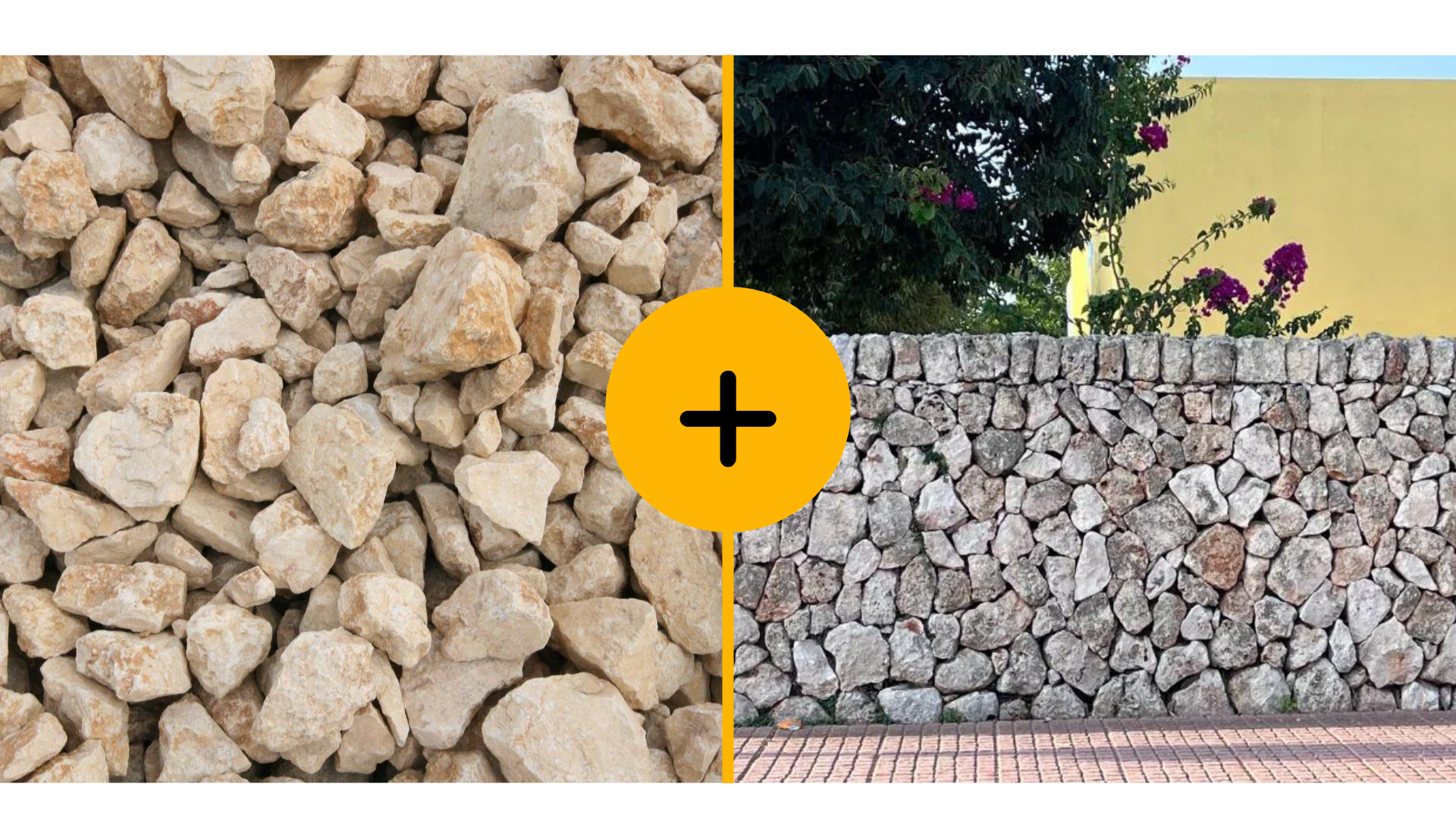 Combinación de una imagen de rocas amarillo saturno y un muro de piedra seca.