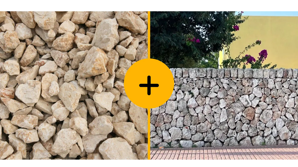 Combinación de una imagen de rocas amarillo saturno y un muro de piedra seca.