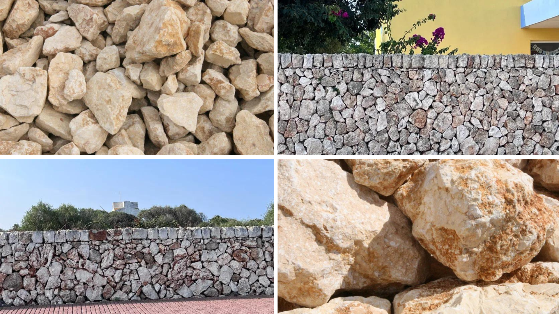 Un primer plano de rocas amarillo saturno de color amarillo con vetas anaranjadas y marrones, ideales para construir paredes de piedra en seco (parets seques) en Menorca.