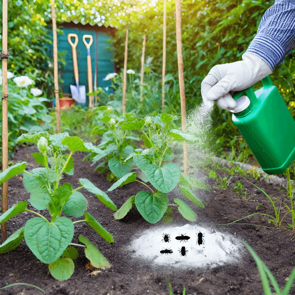 Aplicación de tierra de diatomeas sobre plantas en un jardín, con iconos de plagas controladas. Al fondo, herramientas de jardín.