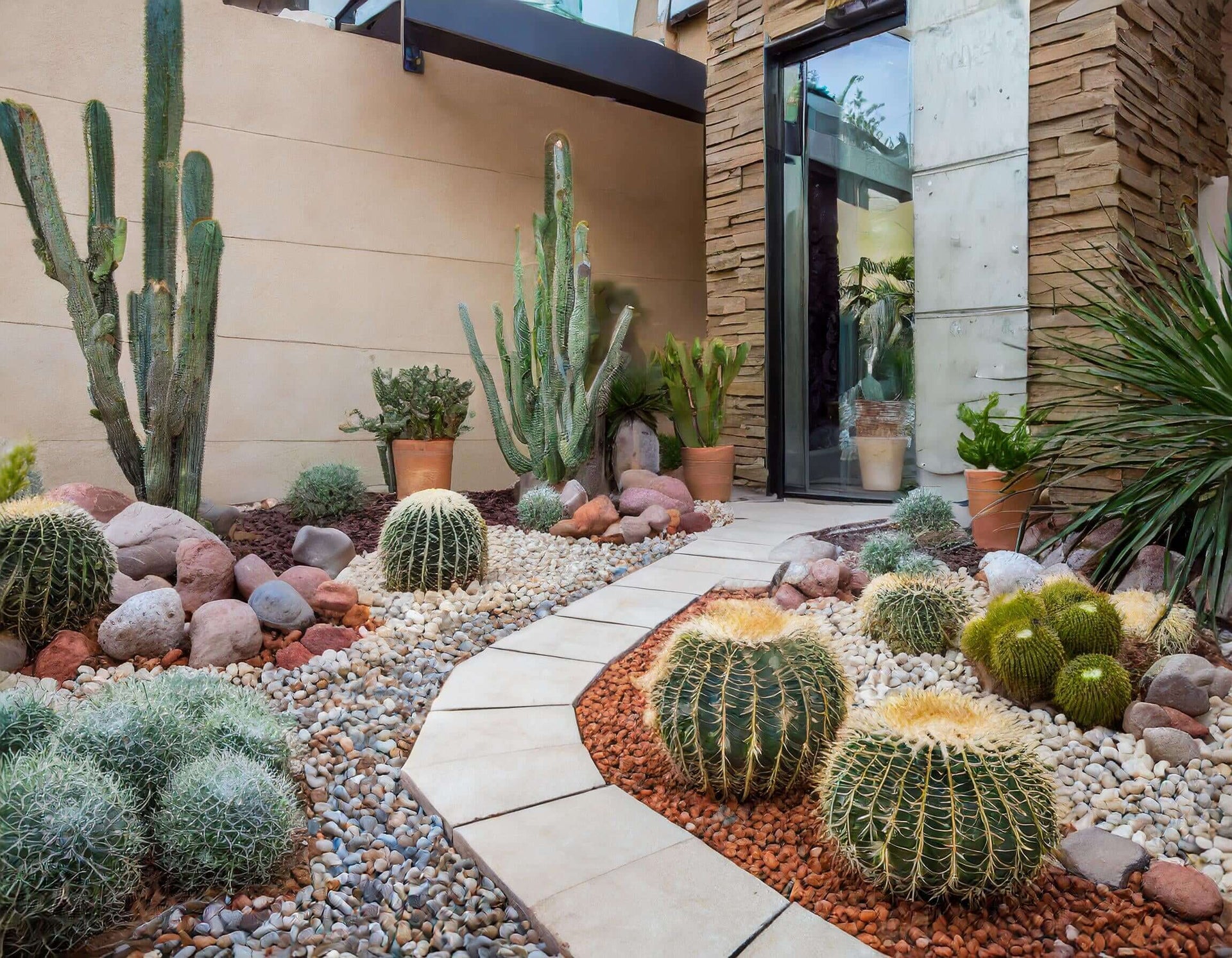 Jardin xerofilo con piedras decorativas y cactus