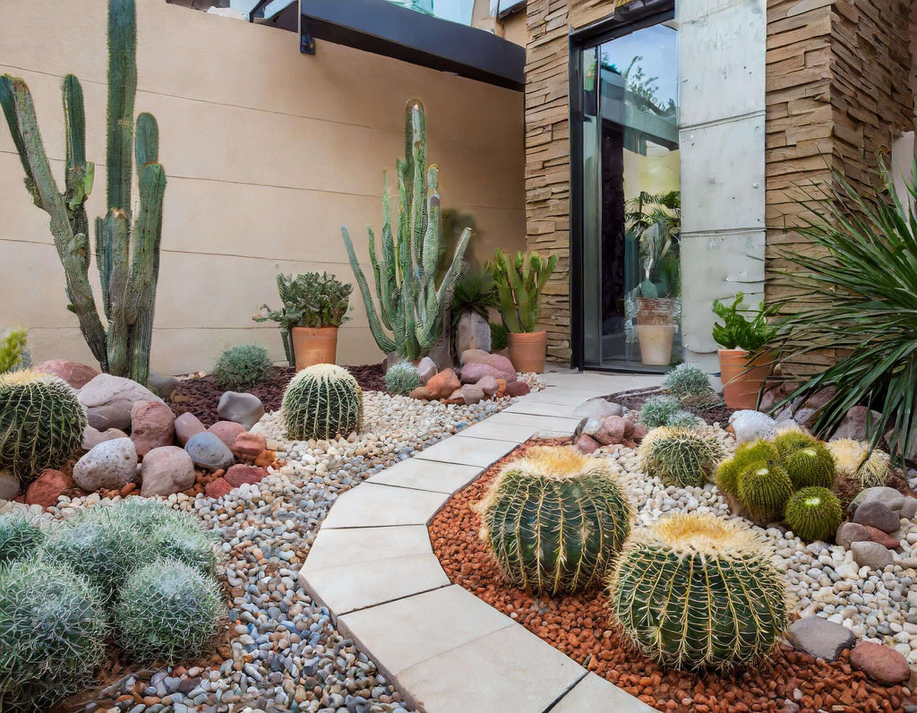 Jardin xerofilo con piedras decorativas y cactus