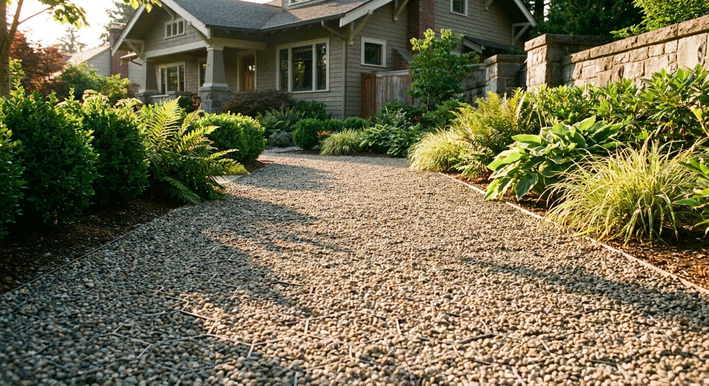 A neatly stabilized gravel garden pathway with visible grid structure beneath the stones, surrounded by green plants in warm afternoon sunlight.