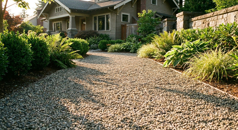 A neatly stabilized gravel garden pathway with visible grid structure beneath the stones, surrounded by green plants in warm afternoon sunlight.