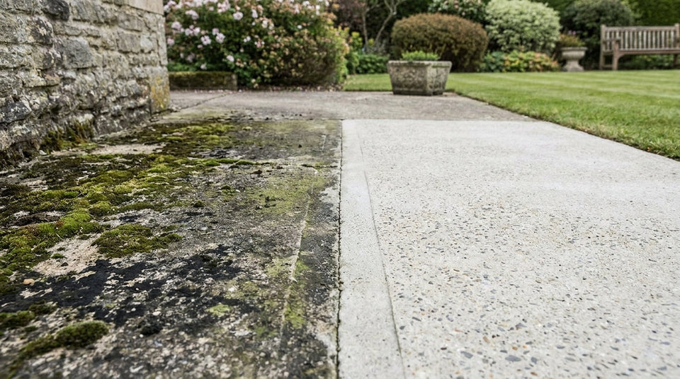 Close-up of an outdoor concrete surface showing one half covered in green moss and dark stains and the other half clean and restored, set in a garden environment.