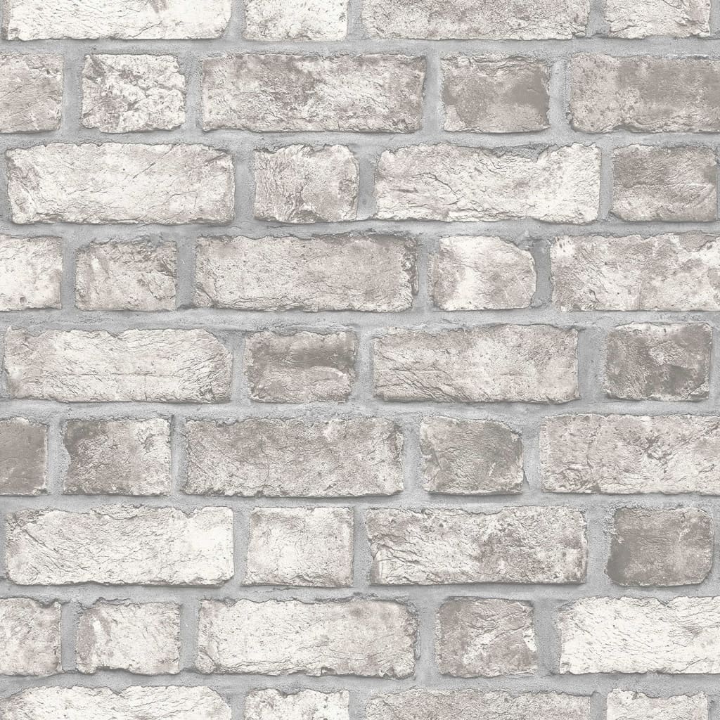 Papel de pared Homestyle Brick Wall en tonos gris y blanco crudo, ideal para decorar interiores de forma económica.