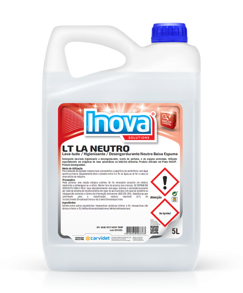Detergente LT LA NEUTRO Carvidet, lavatodo higienizante neutro de espuma controlada para fregadoras automáticas - Vetonek