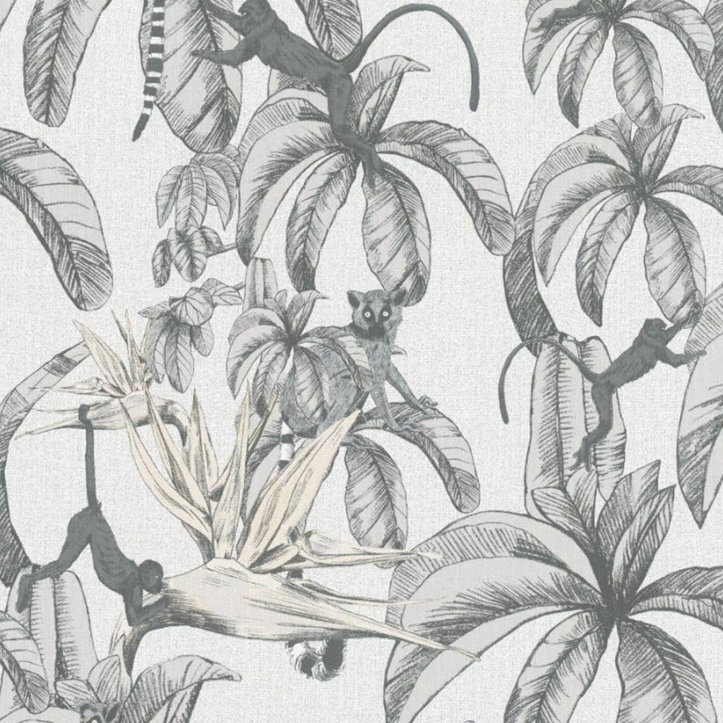 Noordwand Papel de pared Topchic Monkey Jungle Leaves gris y negro Noordwand