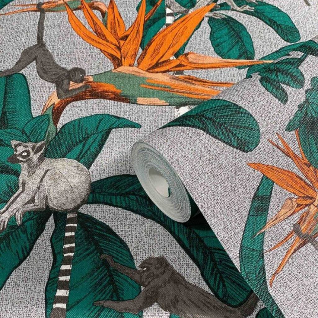 Noordwand Papel de pared Topchic Monkey Jungle Leaves verde y gris Noordwand