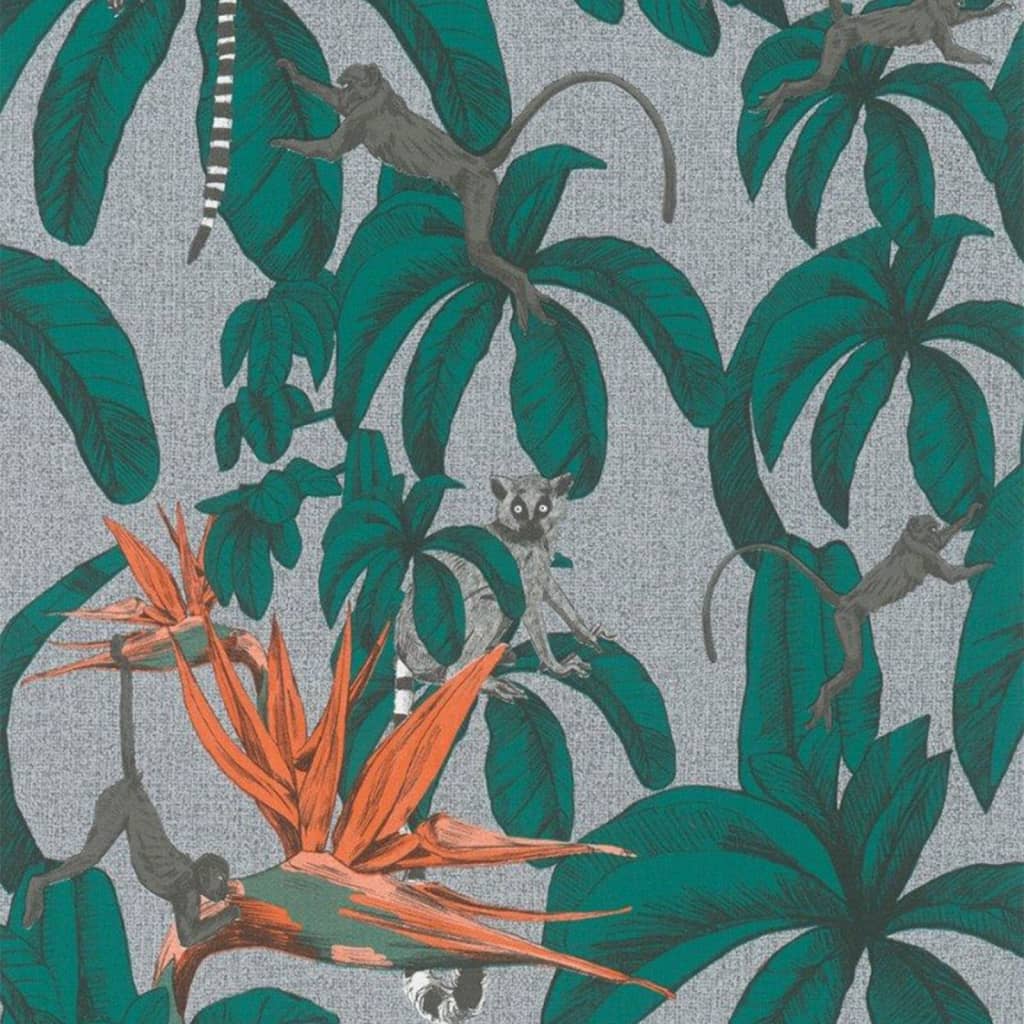 Noordwand Papel de pared Topchic Monkey Jungle Leaves verde y gris Noordwand