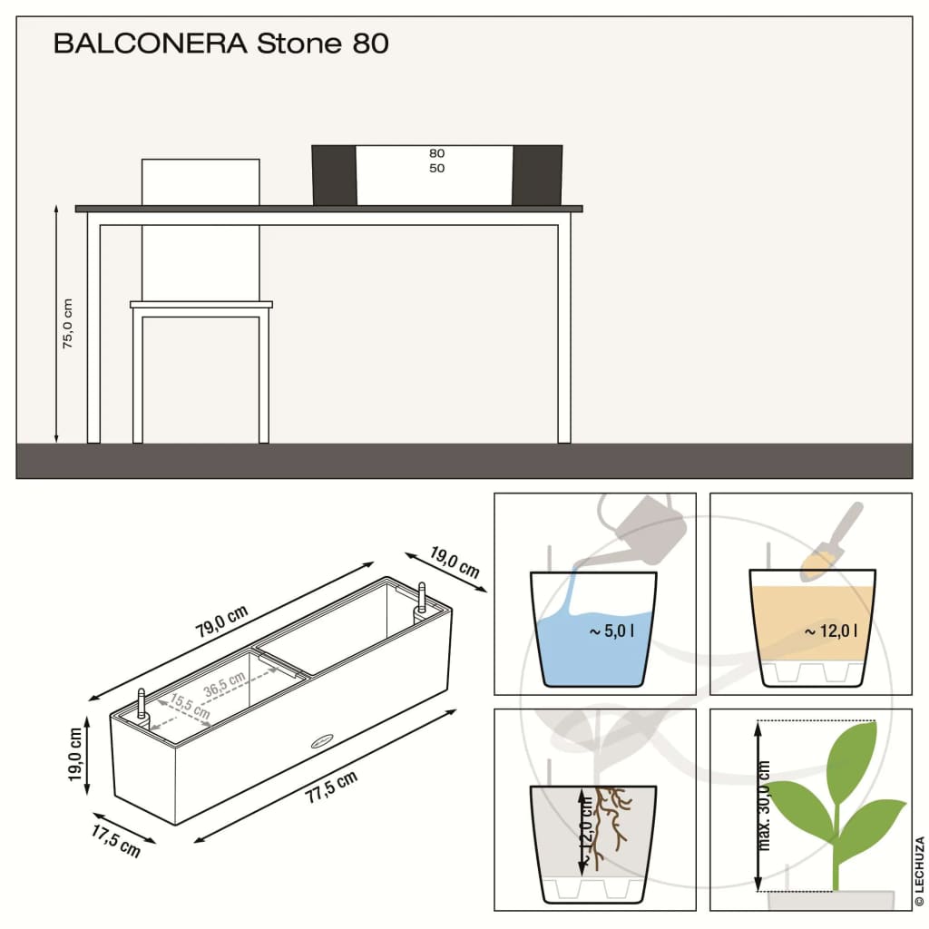 LECHUZA Jardinera BALCONERA Stone 80 ALL-IN-ONE gris V6600 Vetonek