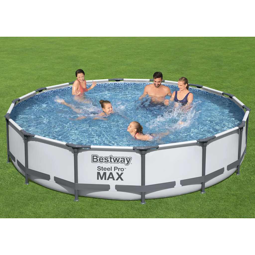 Piscina de acero Pro MAX de 427x84 cm ideal para jardines y espacios exteriores.