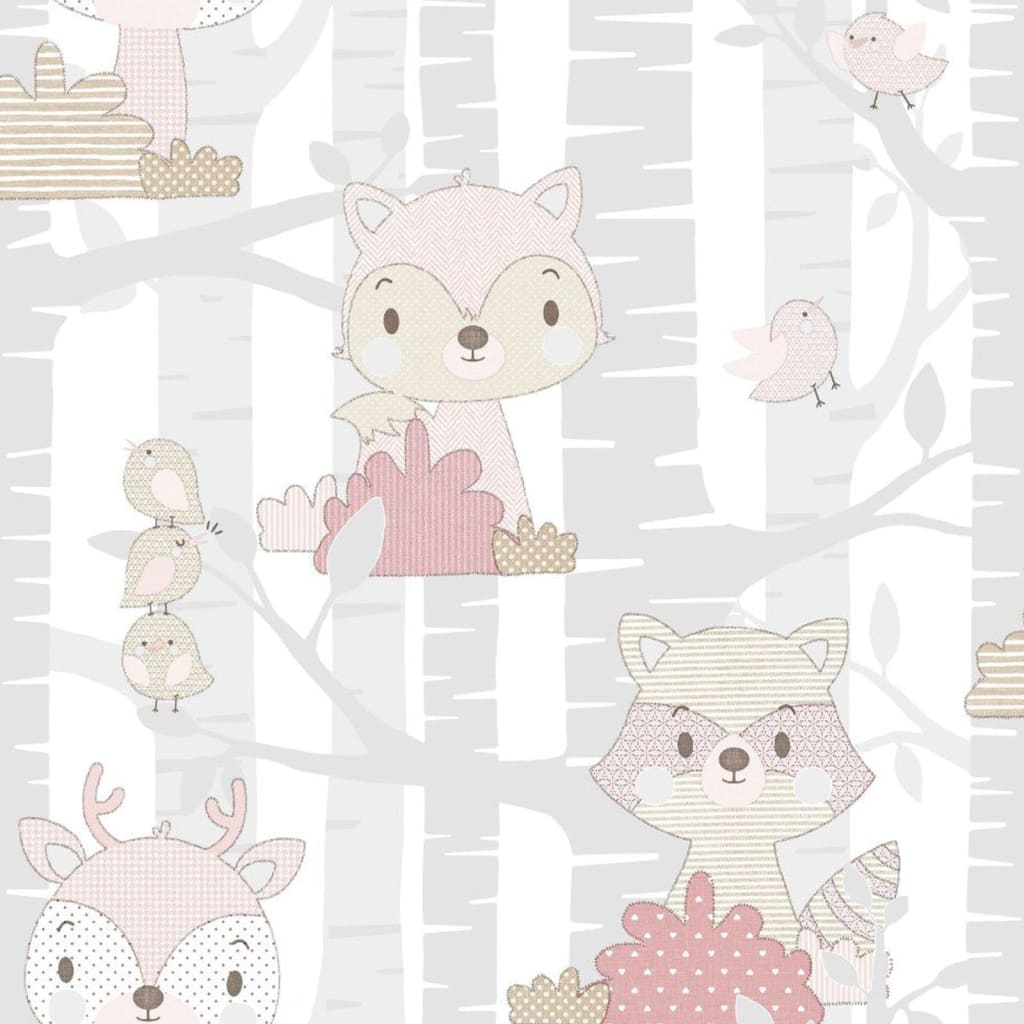 Noordwand Papel pintado Mondo baby Forest Animals gris y rosa