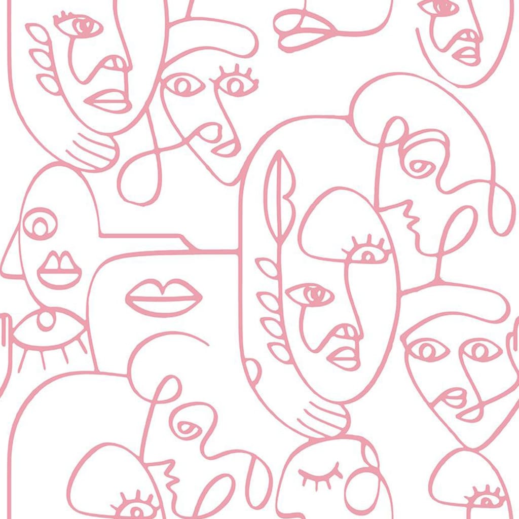 Noordwand Papel pintado Friends&Coffee Line Art Faces blanco y rosa Noordwand