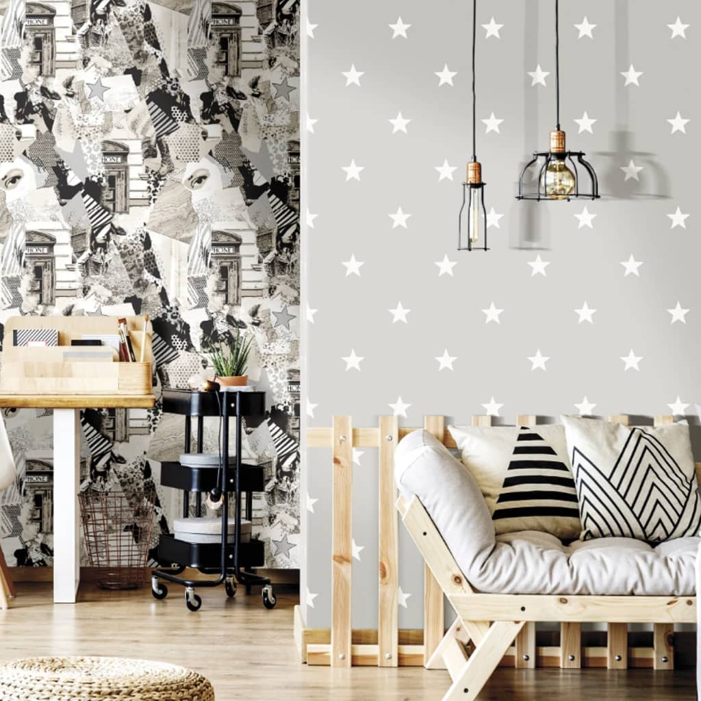 Noordwand Papel pintado Friends&Coffee Little Stars gris oscuro blanco