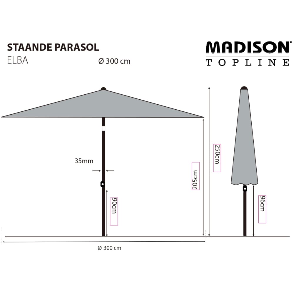 Madison Sombrilla de jardín Elba gris 300 cm vidaXL