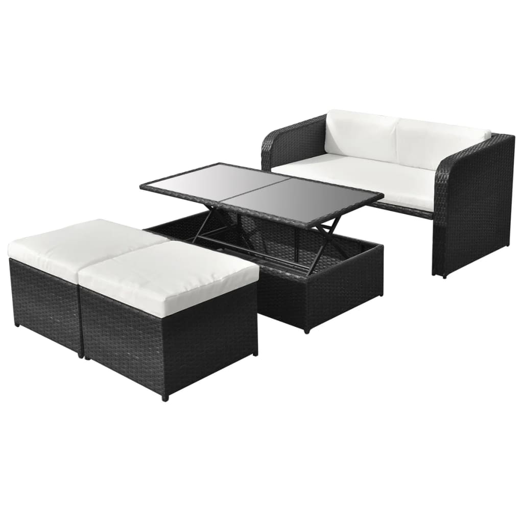 Vetonek Set de muebles de jardín 4 pzas y cojines ratán sintético negro