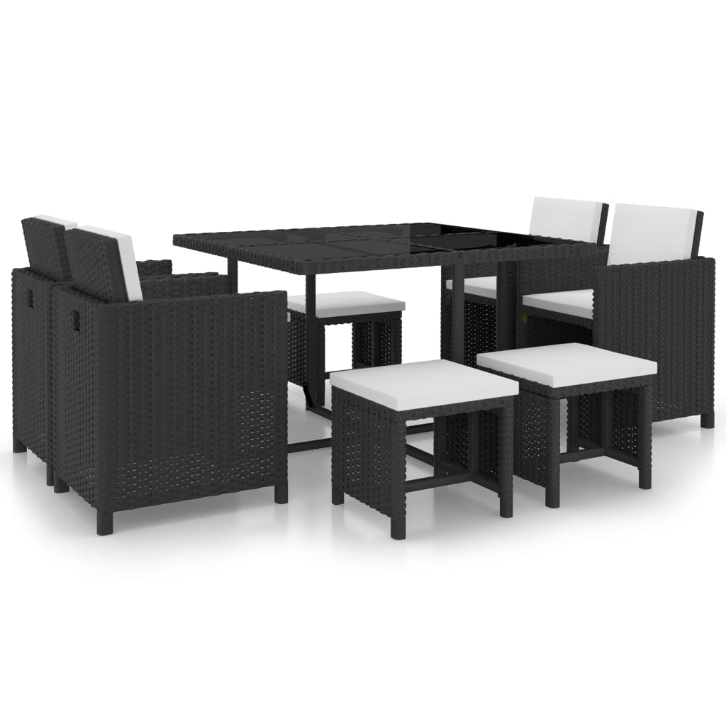 Vetonek Set comedor de jardín 9 piezas y cojines ratán sintético negro