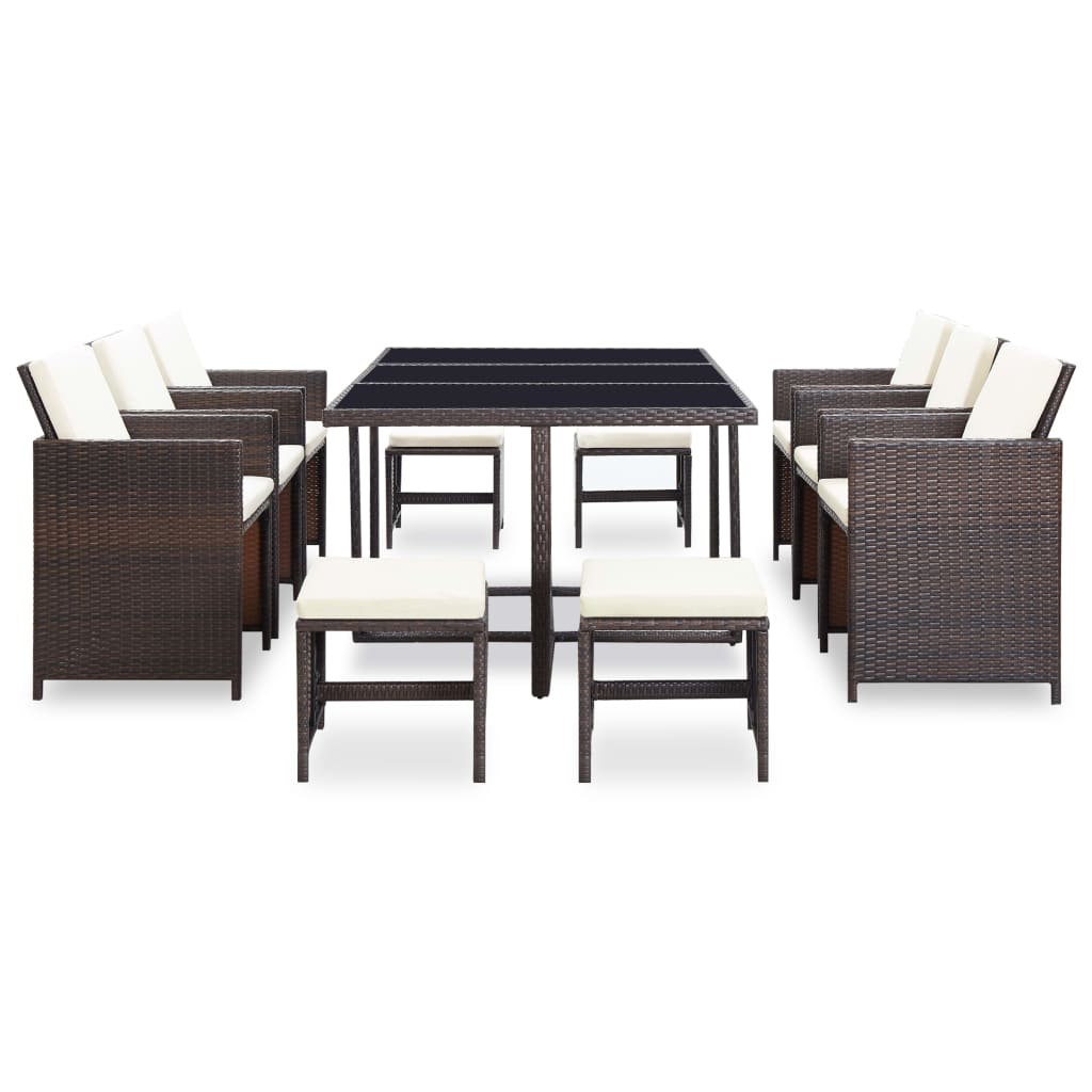 Set comedor de jardín 11 pzas y cojines ratán sintético marrón vidaXL