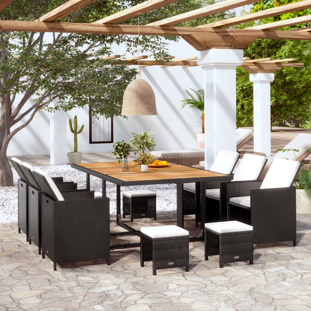 Vetonek Set comedor de jardín 11 pzas ratán sintético y madera negro