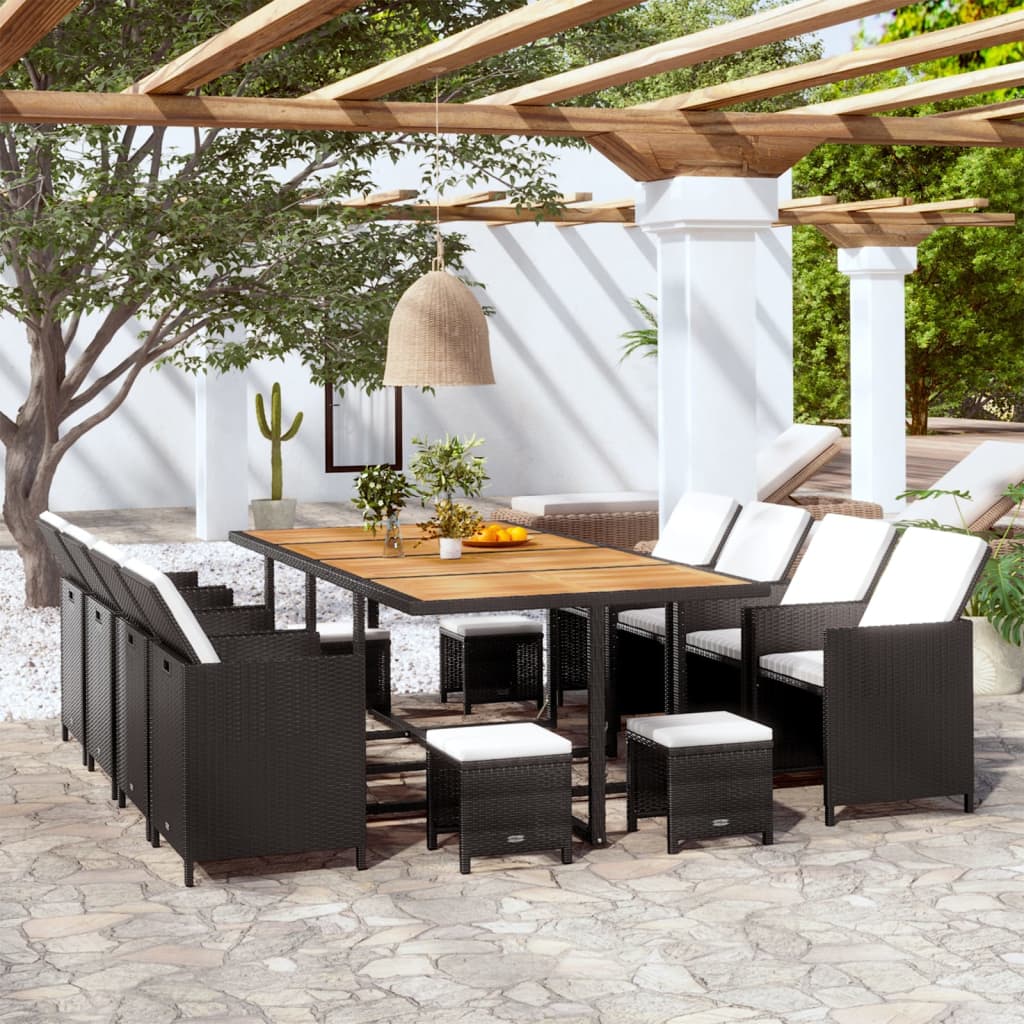 Vetonek Set comedor de jardín 13 pzas ratán sintético y madera negro