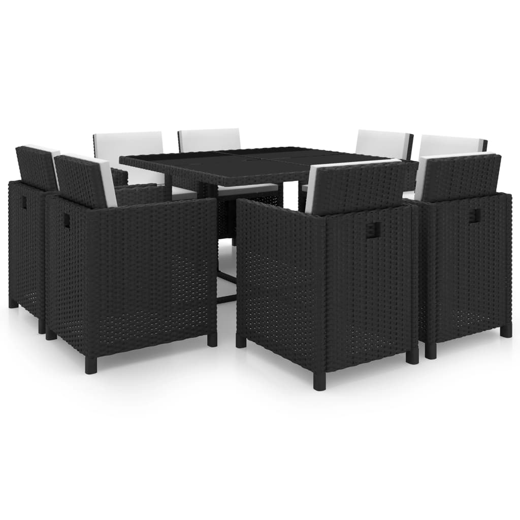 Vetonek Set comedor de jardín 9 piezas y cojines ratán sintético negro