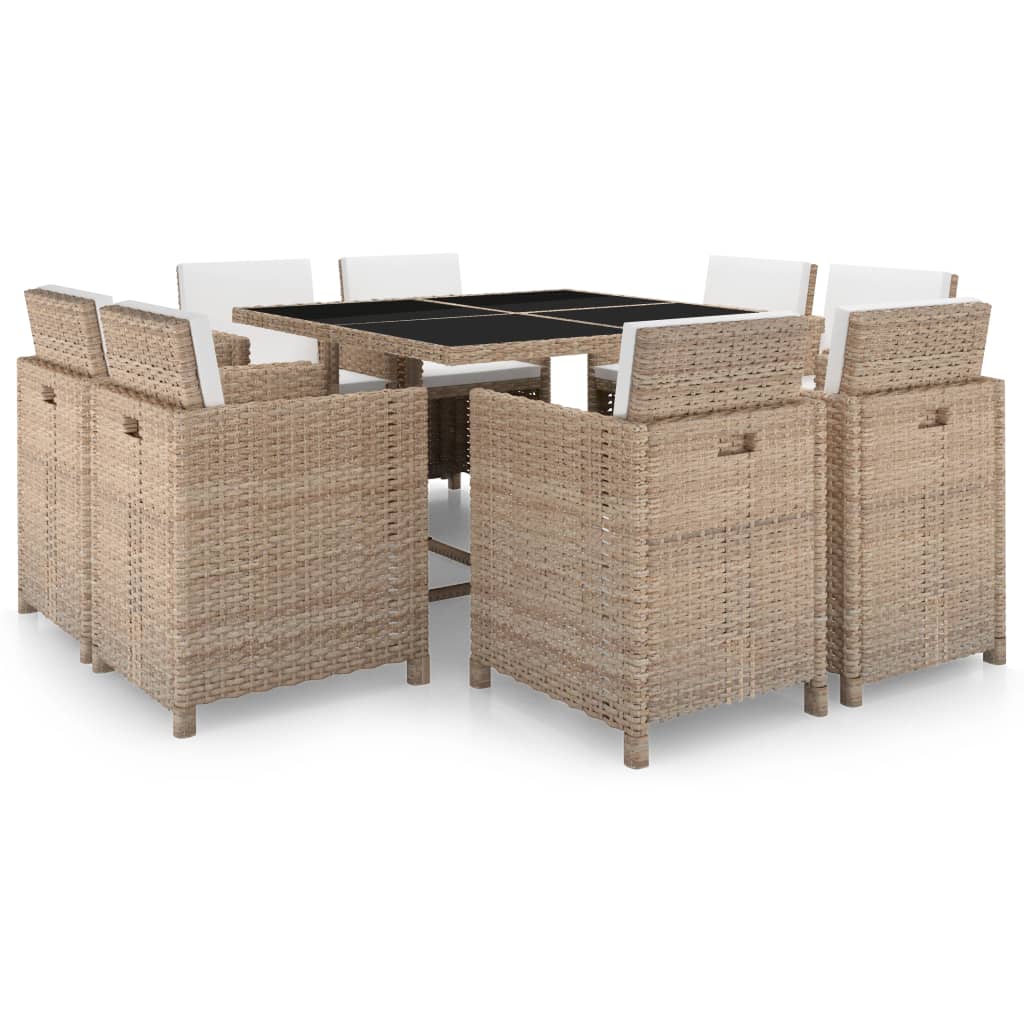 Vetonek Set comedor de jardín 9 piezas y cojines ratán sintético beige