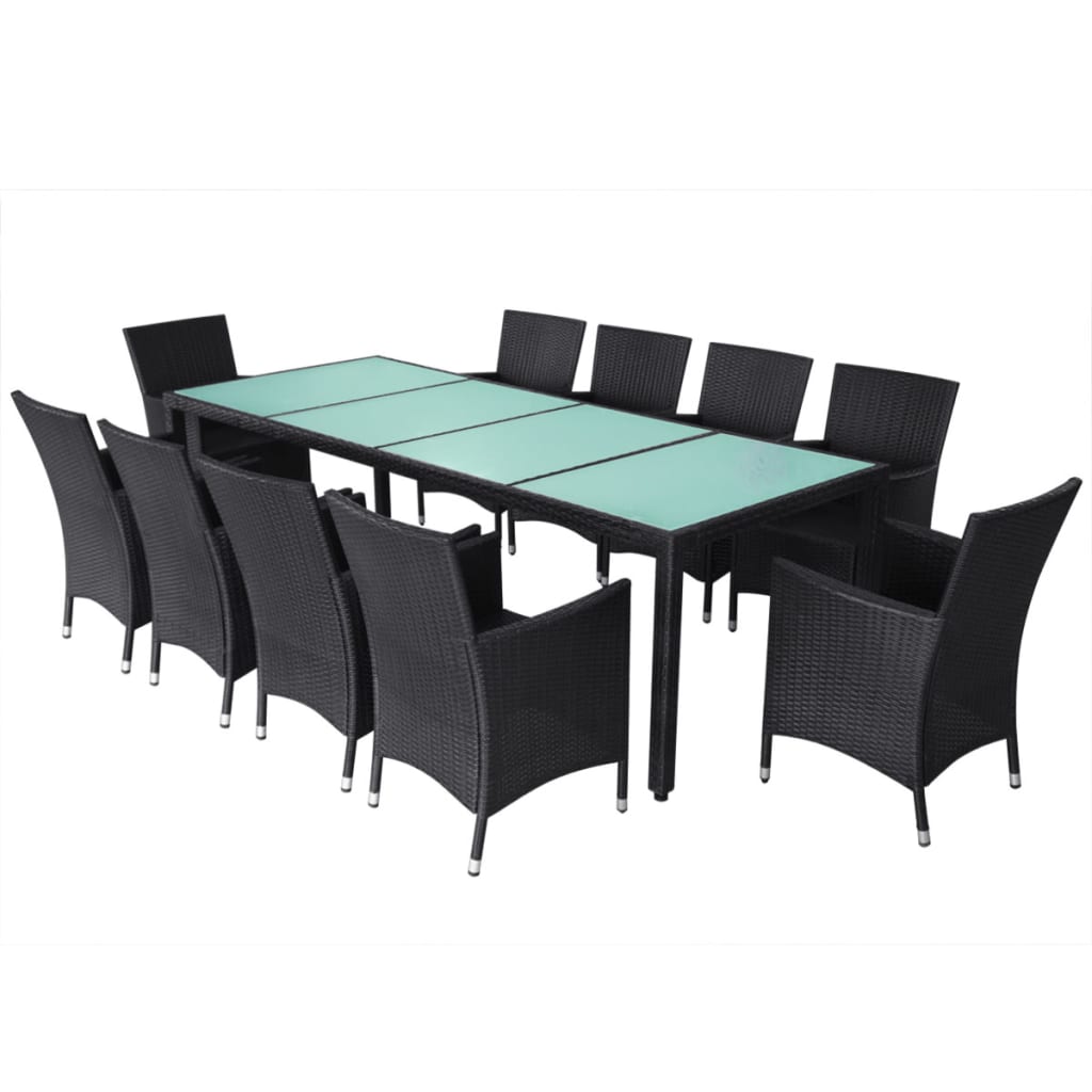 Set comedor de jardín 11 piezas y cojines ratán sintético negro