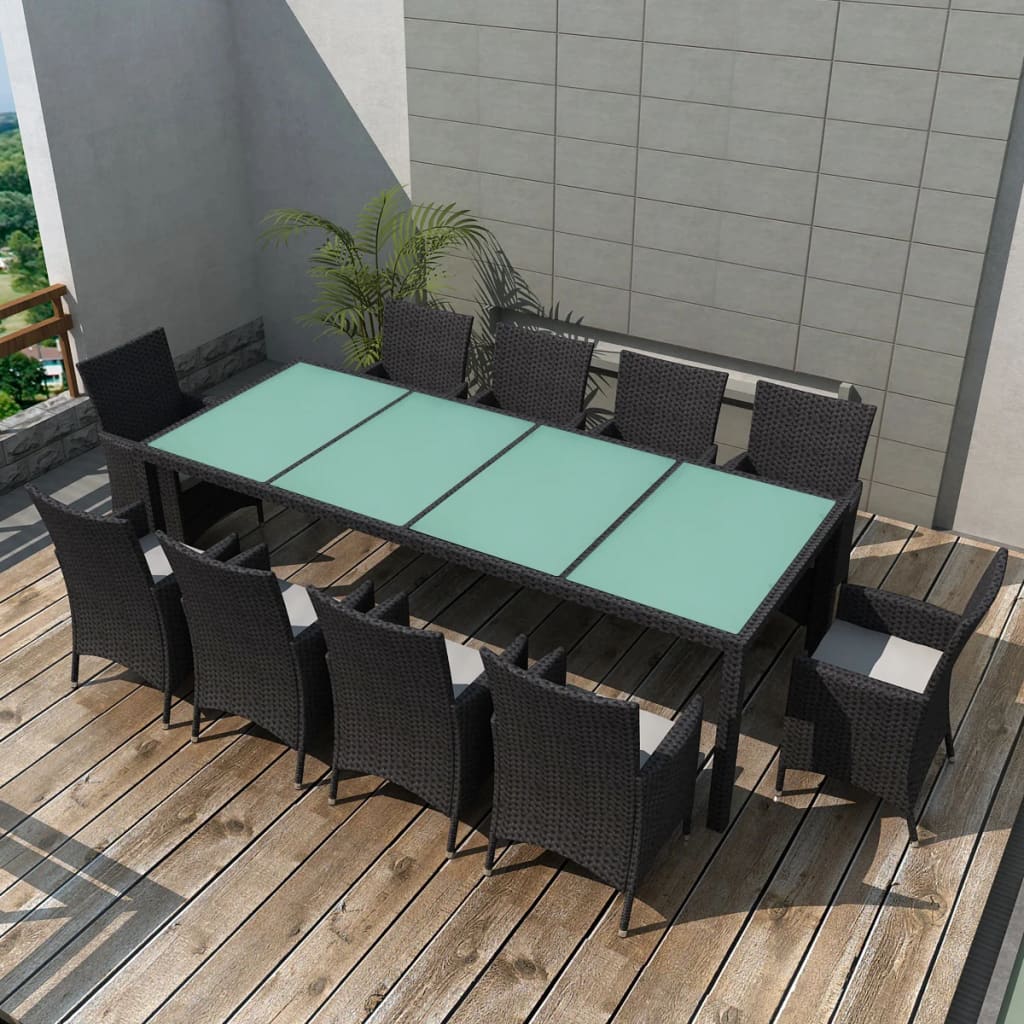 Vetonek Set comedor de jardín 11 piezas y cojines ratán sintético negro