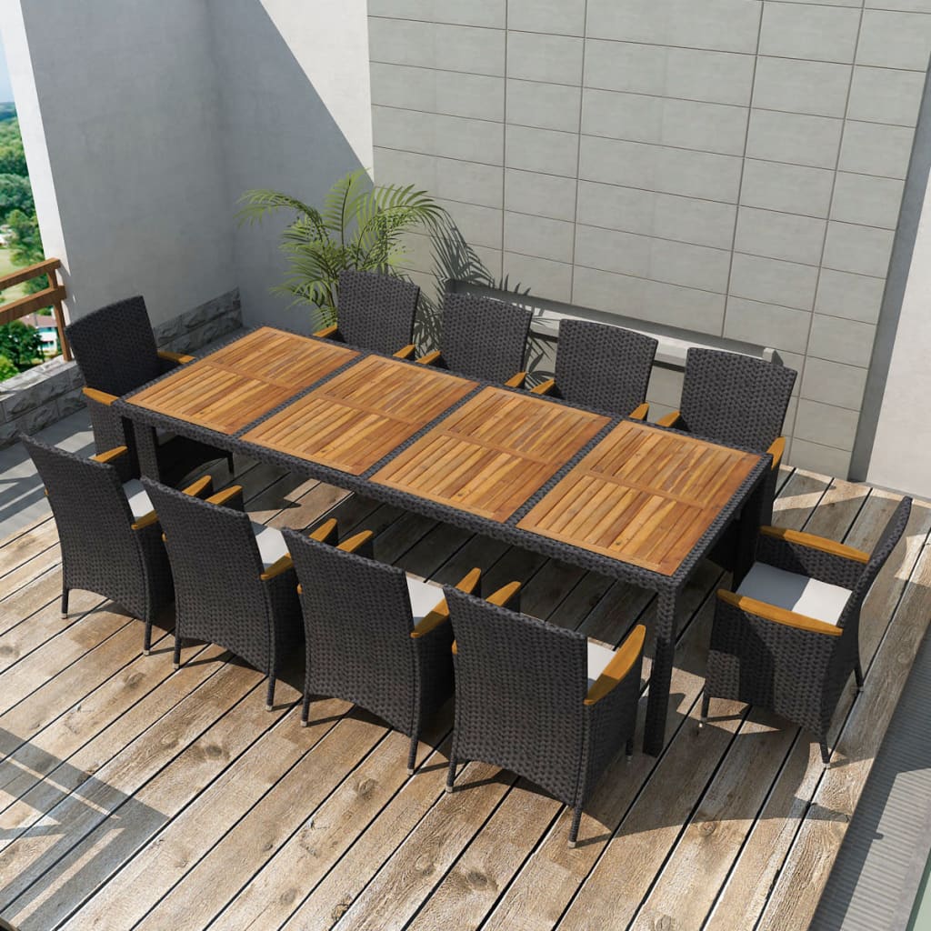 Vetonek Set comedor de jardín 11 piezas y cojines ratán sintético negro