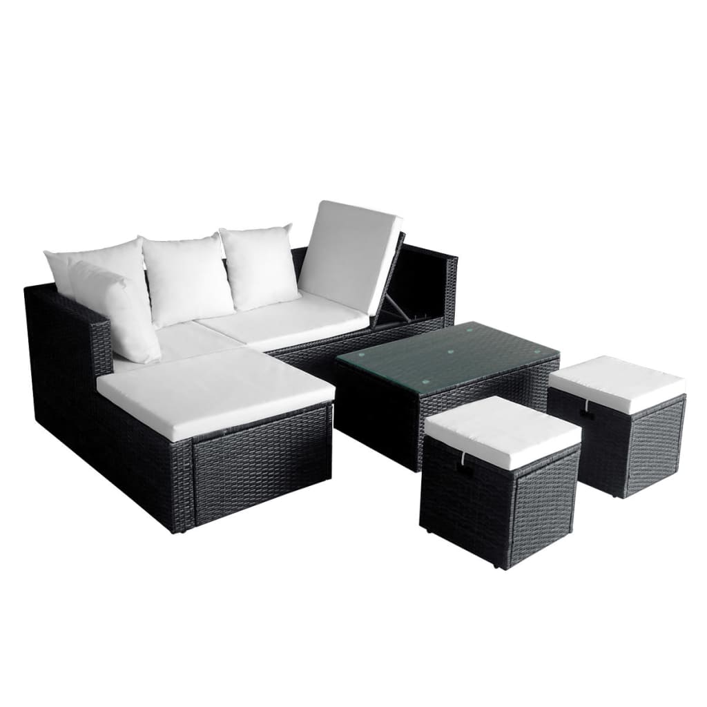 Set muebles de jardín 4 piezas y cojines ratán sintético negro vidaXL