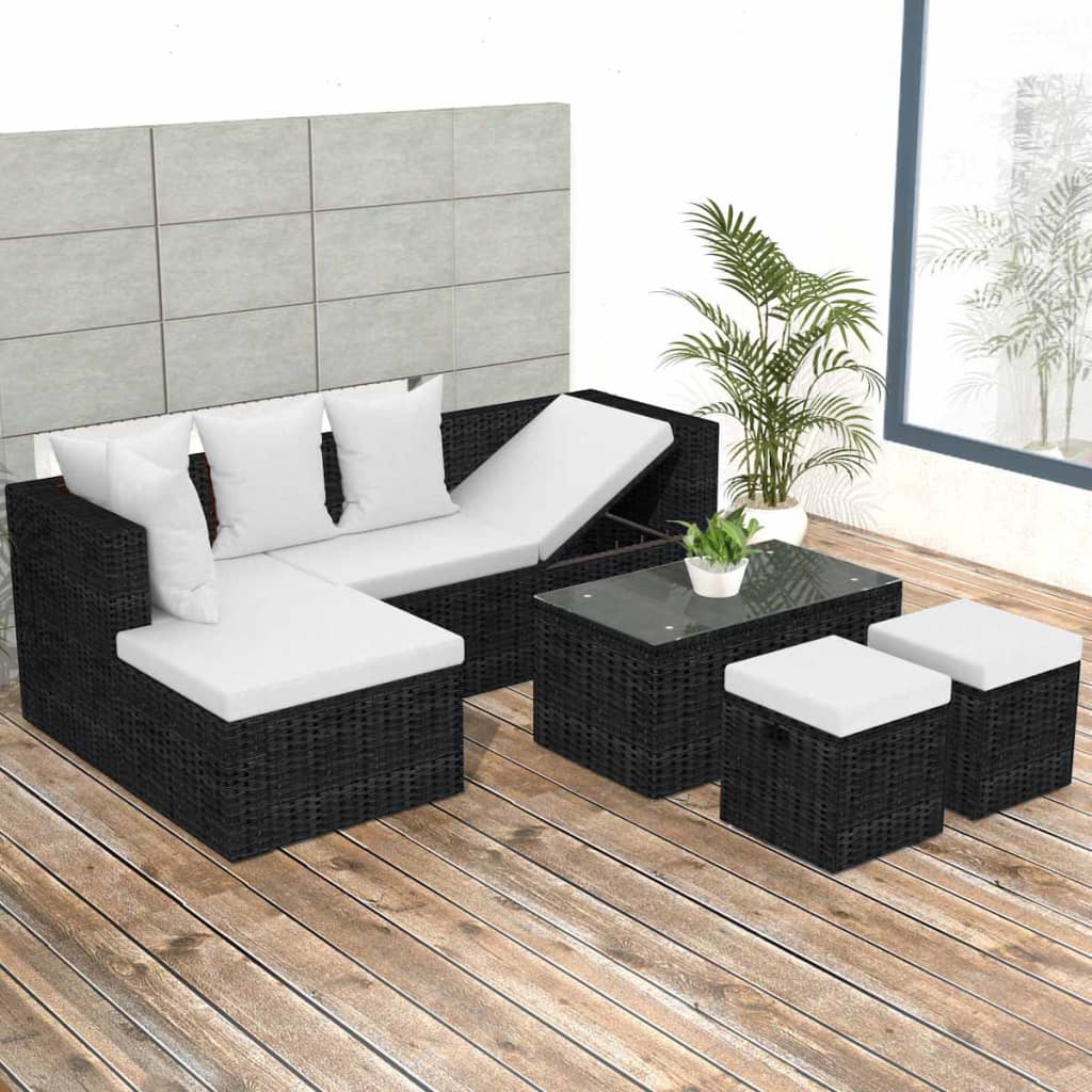 Vetonek Set muebles de jardín 4 piezas y cojines ratán sintético negro