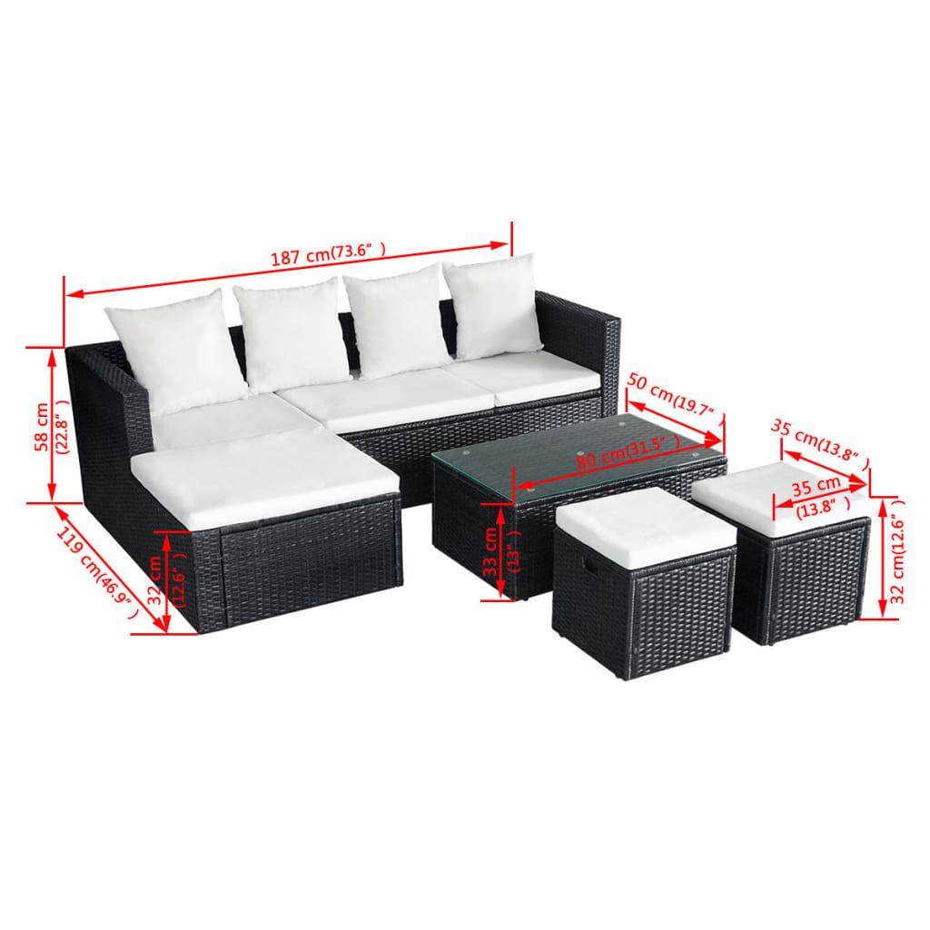 Set muebles de jardín 4 piezas y cojines ratán sintético negro vidaXL