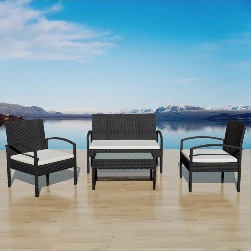 Vetonek Set muebles de jardín 4 piezas y cojines ratán sintético negro