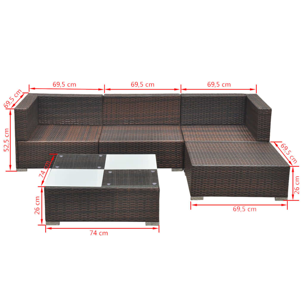 Set muebles de jardín 5 piezas y cojines ratán sintético marrón vidaXL