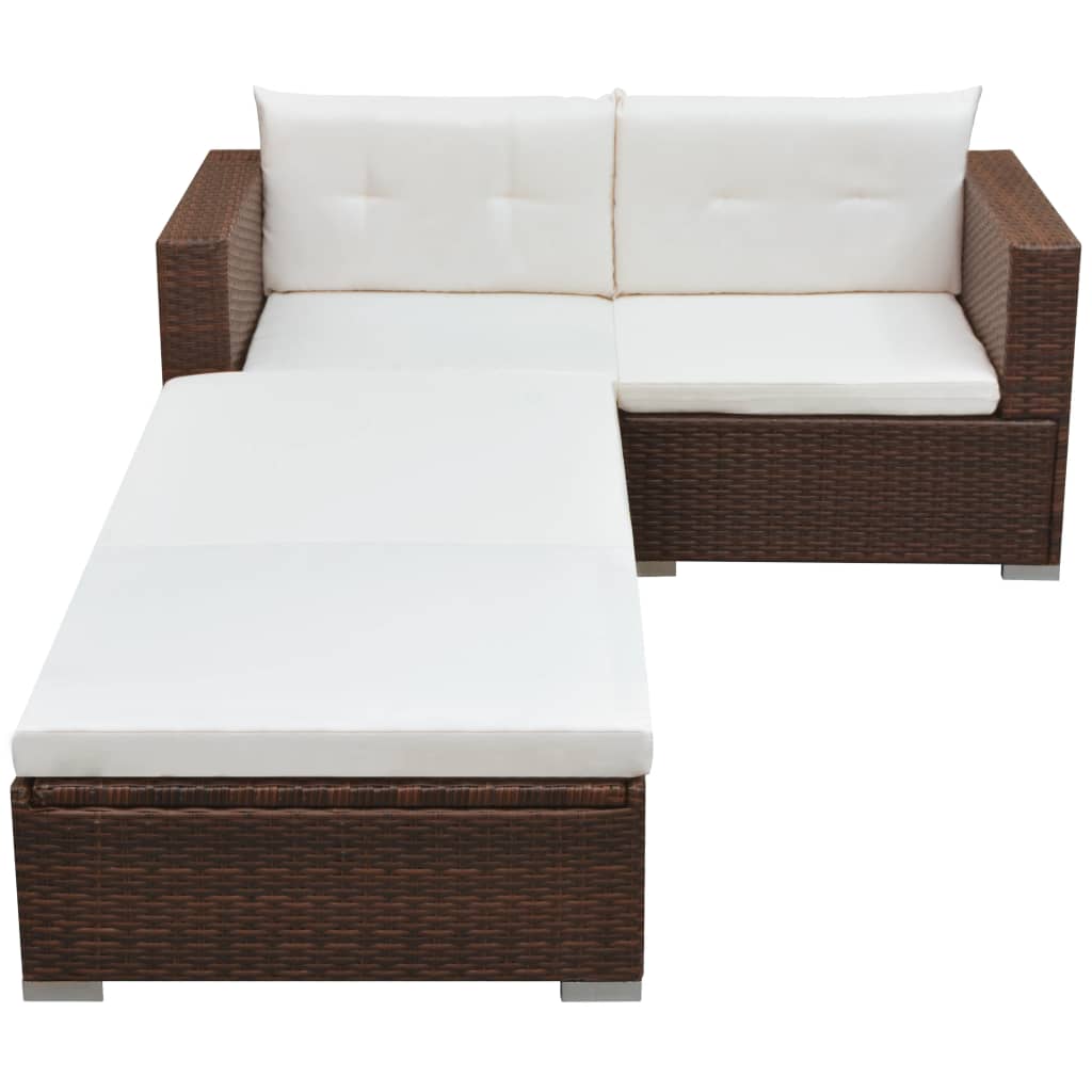 Set muebles de jardín 3 piezas y cojines ratán sintético marrón vidaXL