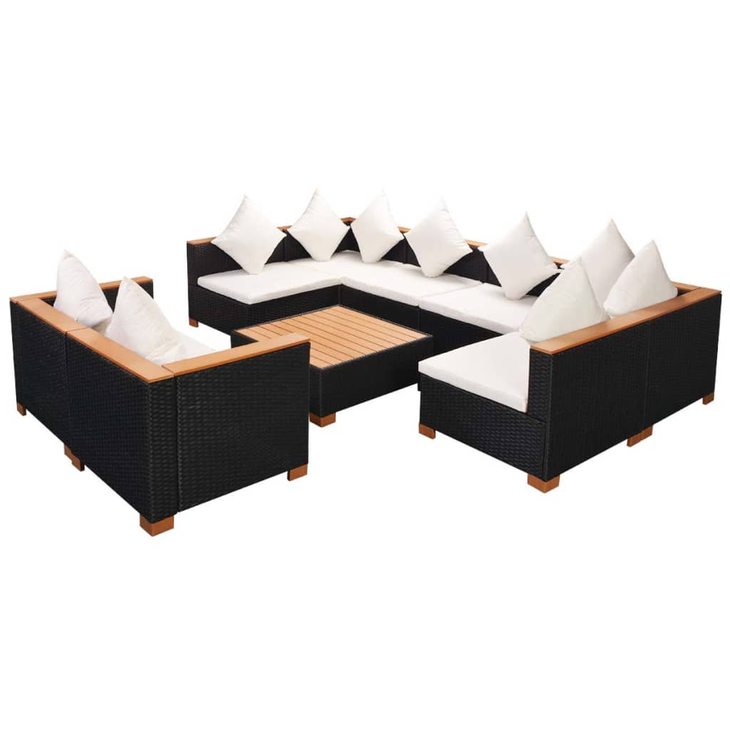 Set de muebles de jardín 9 pzas y cojines ratán sintético negro - Vetonek