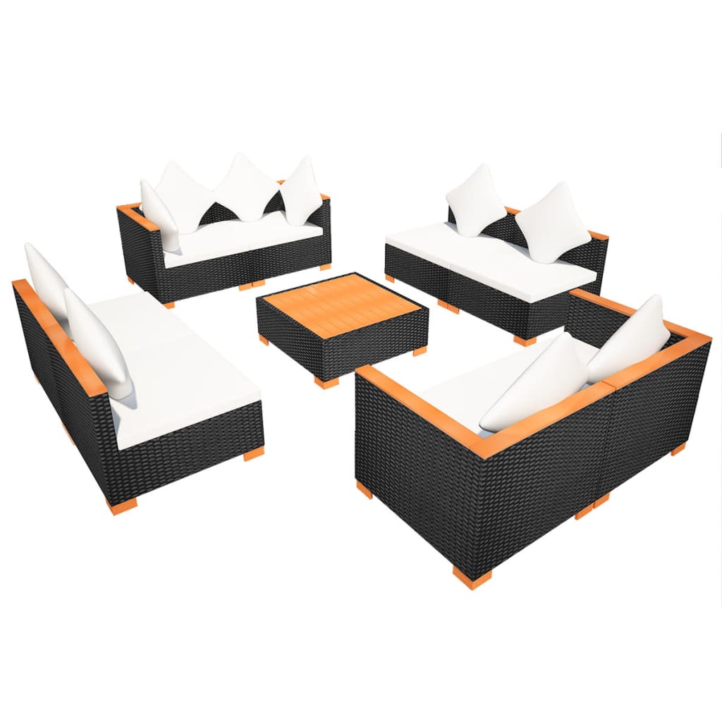 Set de muebles de jardín 9 pzas y cojines ratán sintético negro - Vetonek