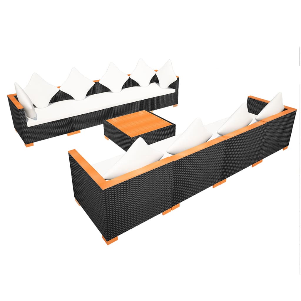 Set de muebles de jardín 9 pzas y cojines ratán sintético negro - Vetonek