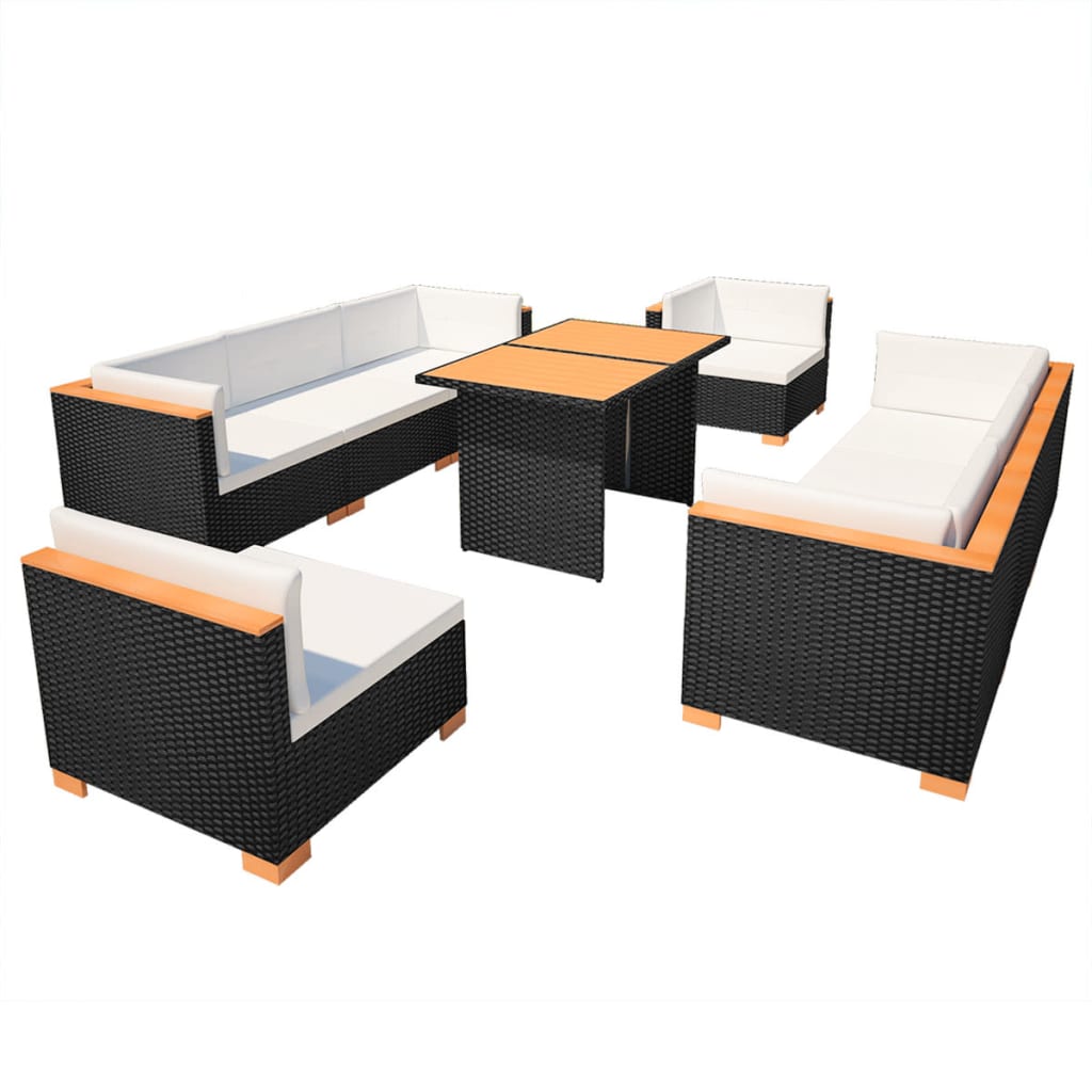 Set muebles de jardín 10 piezas y cojines ratán sintético negro vidaXL