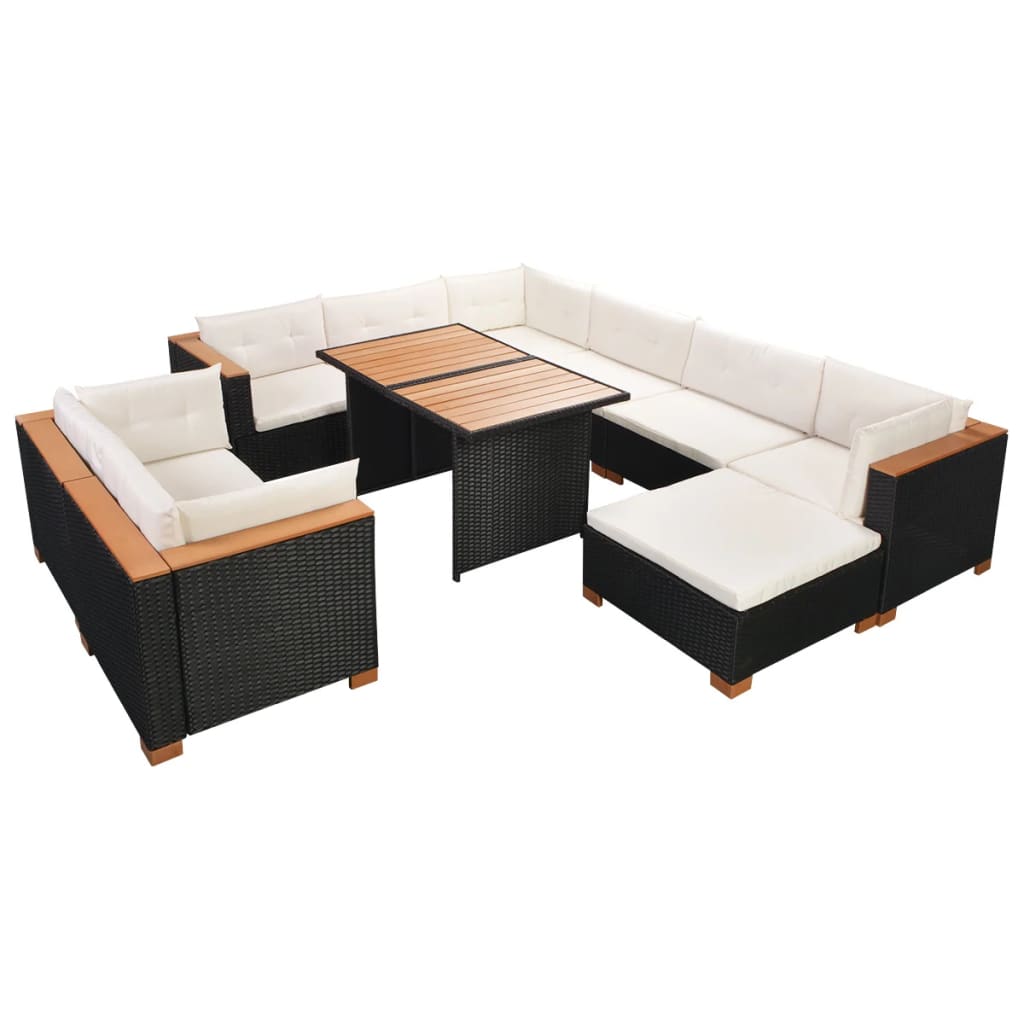 Set muebles de jardín 10 piezas y cojines ratán sintético negro vidaXL