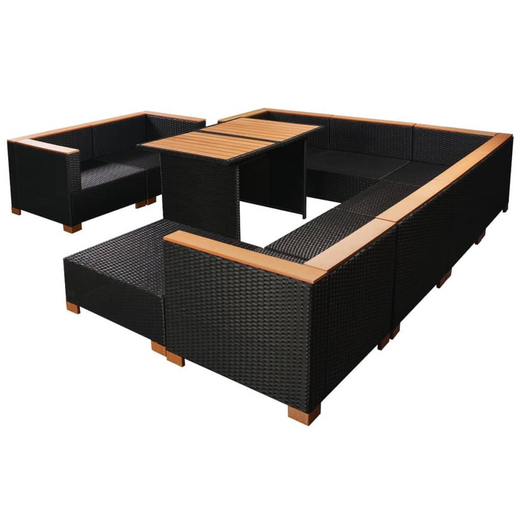 Set muebles de jardín 10 piezas y cojines ratán sintético negro vidaXL