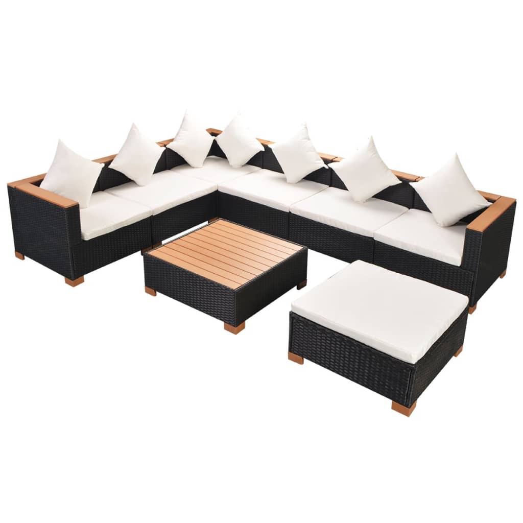 Set muebles de jardín 8 piezas y cojines ratán sintético negro vidaXL