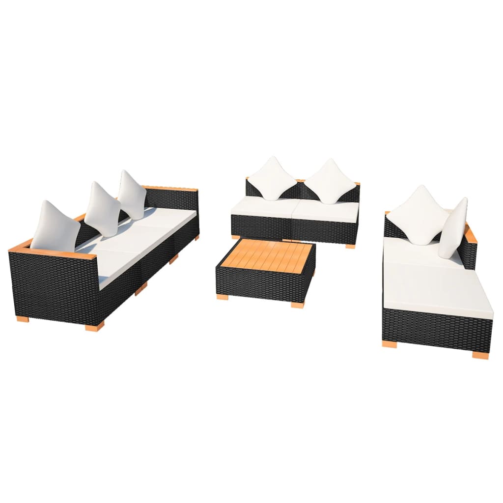 Set muebles de jardín 8 piezas y cojines ratán sintético negro vidaXL