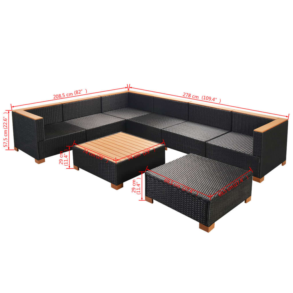 Set muebles de jardín 8 piezas y cojines ratán sintético negro vidaXL