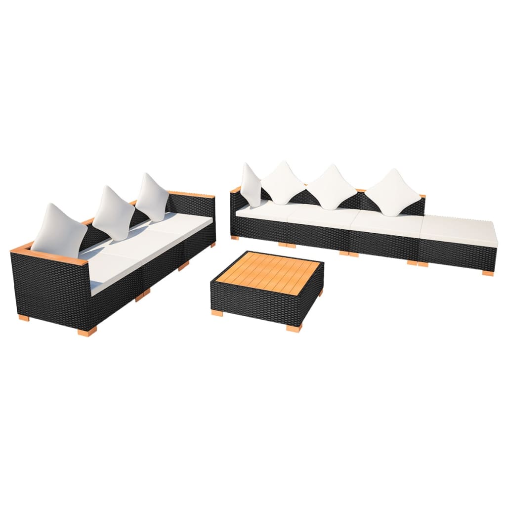 Set muebles de jardín 8 piezas y cojines ratán sintético negro vidaXL