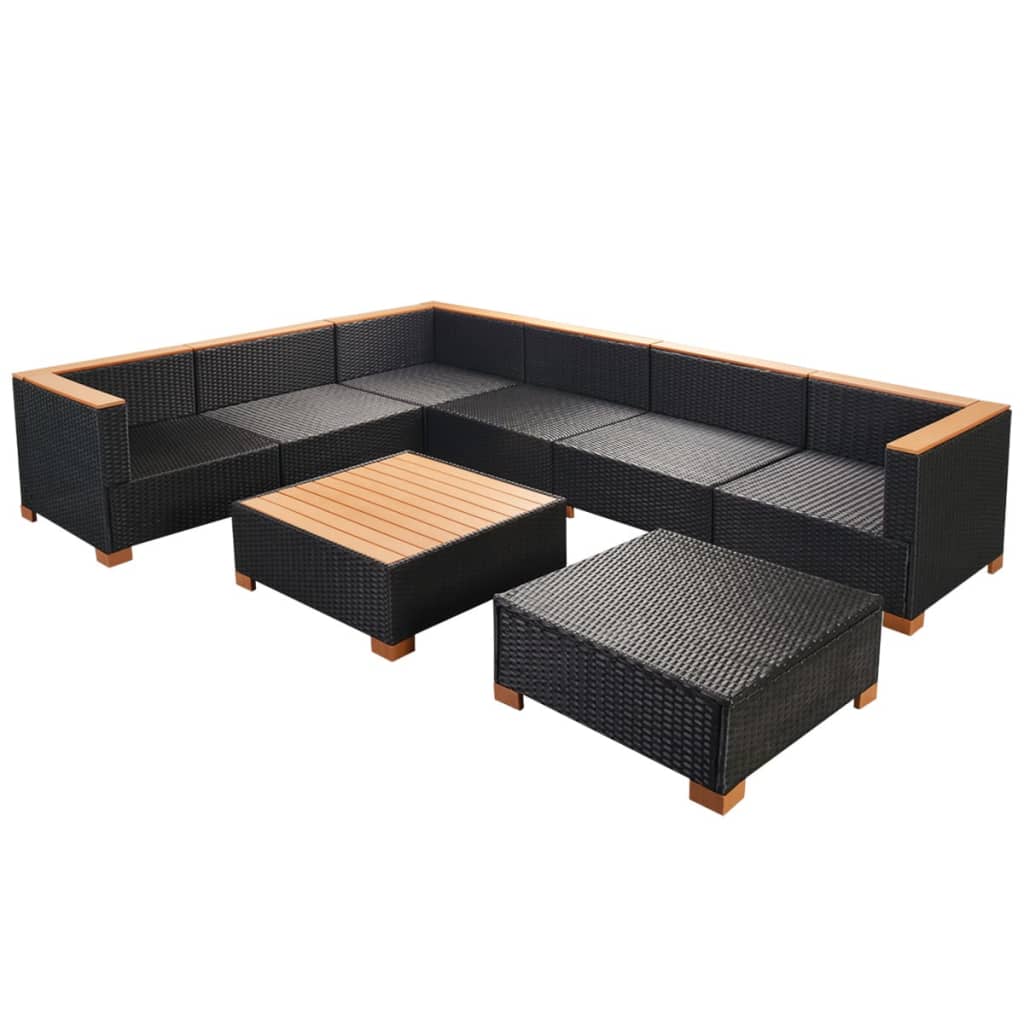 Set muebles de jardín 8 piezas y cojines ratán sintético negro vidaXL