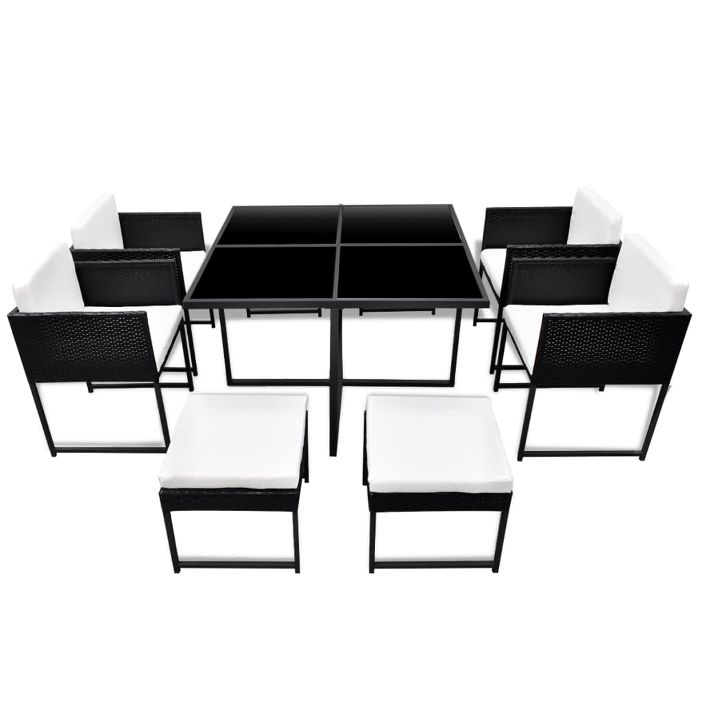 Garden dining set 9 pieces and black synthetic rattan cushions